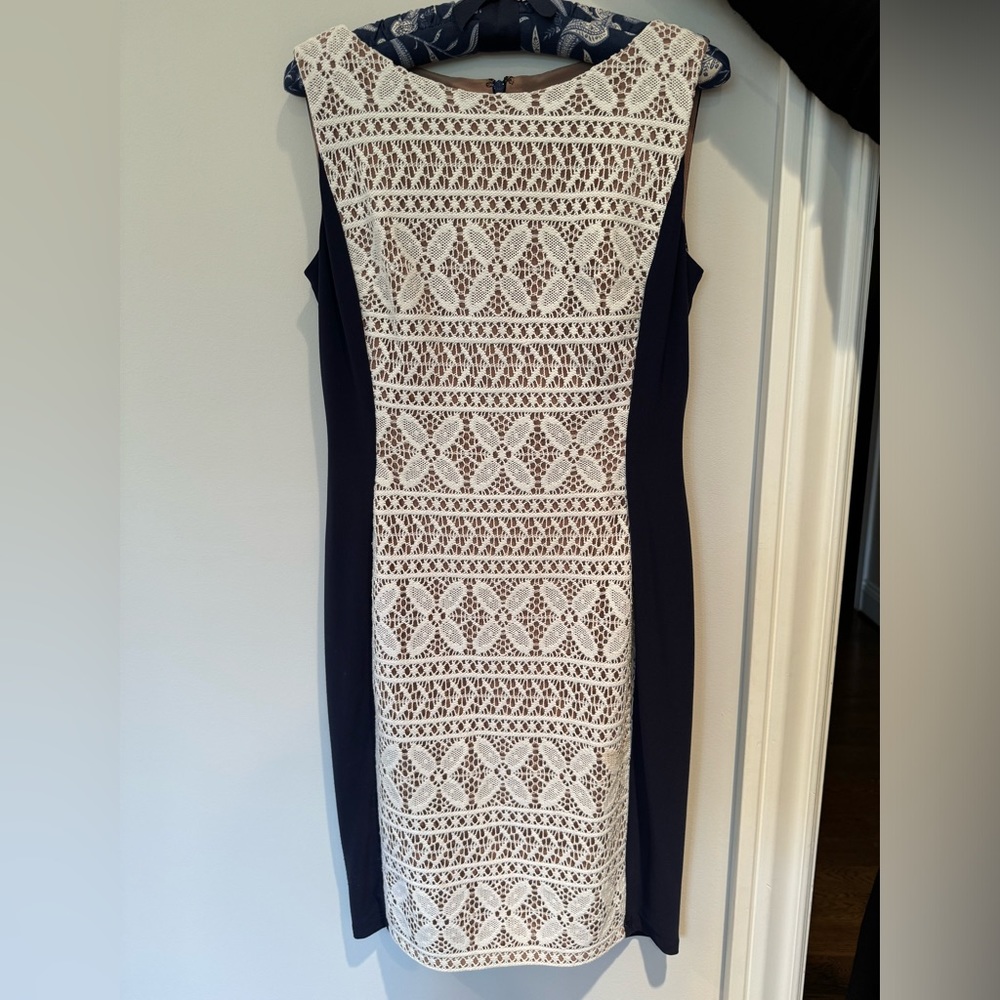 Anne Klein blue dress with white lace front and beige lining
